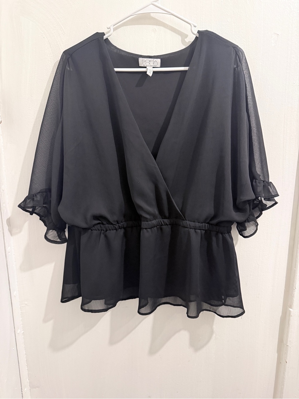 sofia by sofia vergara Black Sheer Surplice Peplum Top
